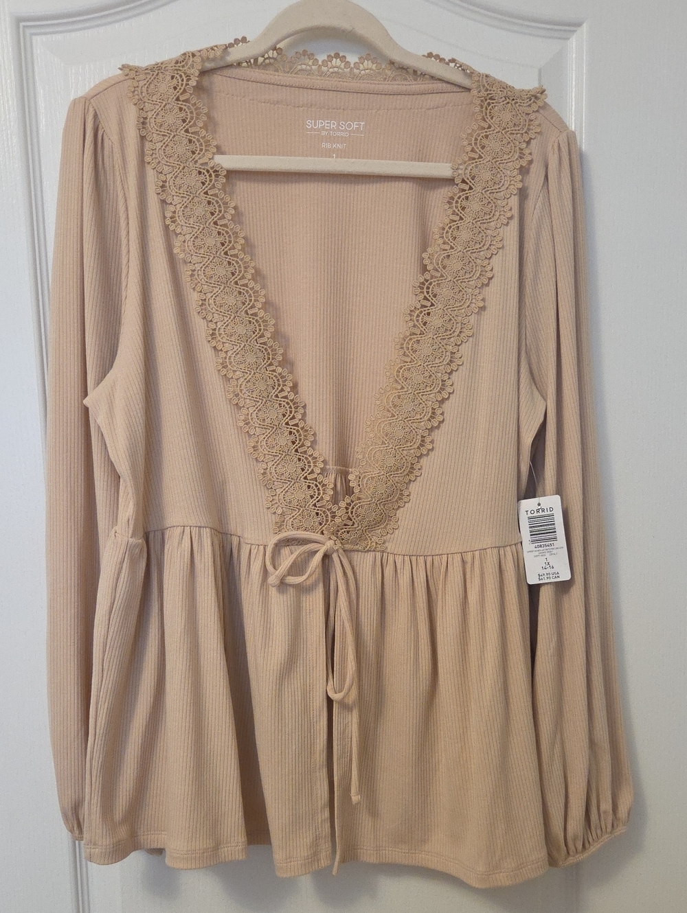 torrid Lace-Trim Ribbed Tie-Front Long Sleeve Top — Taupe